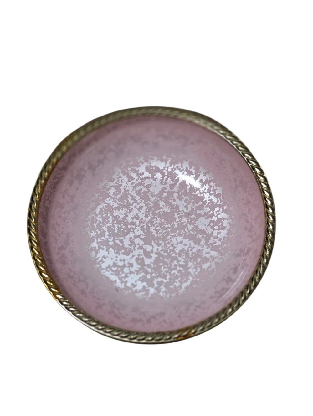 Vintage MCM Pink Trinket Dish With Pink Crackle Interior Gold Tone Rope Rim